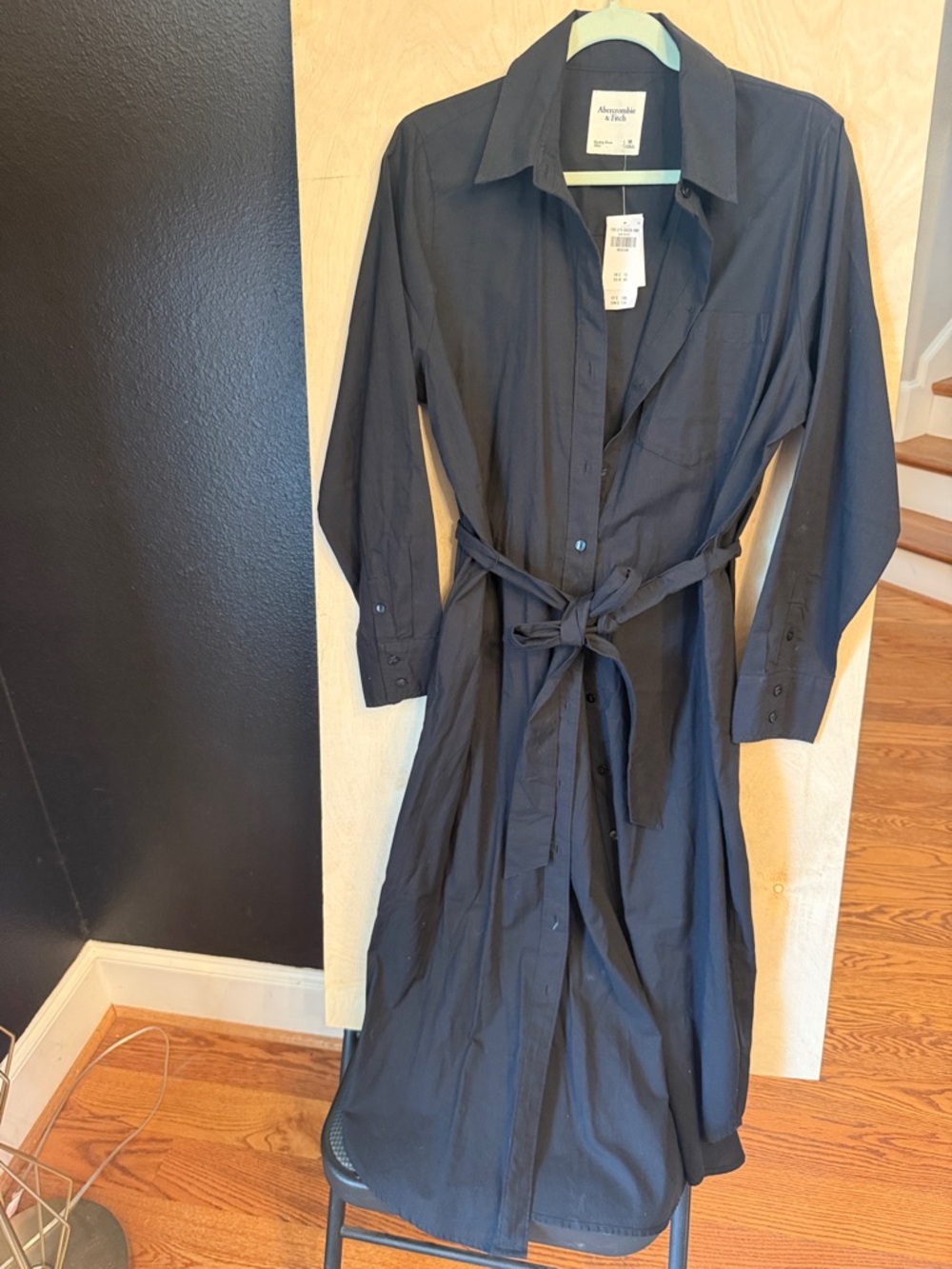 Abercrombie & Fitch Black Long-Sleeve Shirt Dress with Tie Waist